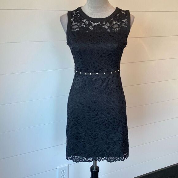 NWT Sam Edelman Size 2 Black Lace Sleeveless Cocktail Dress w/ Rhinestone Trim - Picture 1 of 13